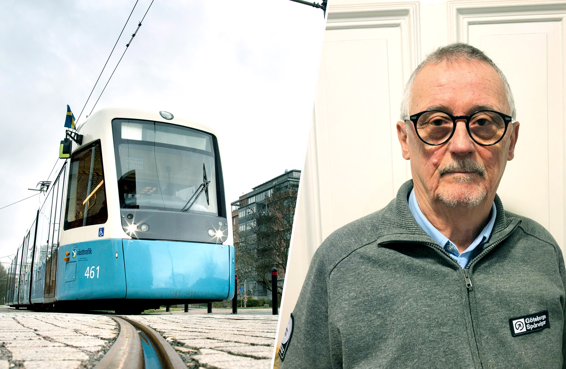 En man i glasögon står bredvid en spårvagn.