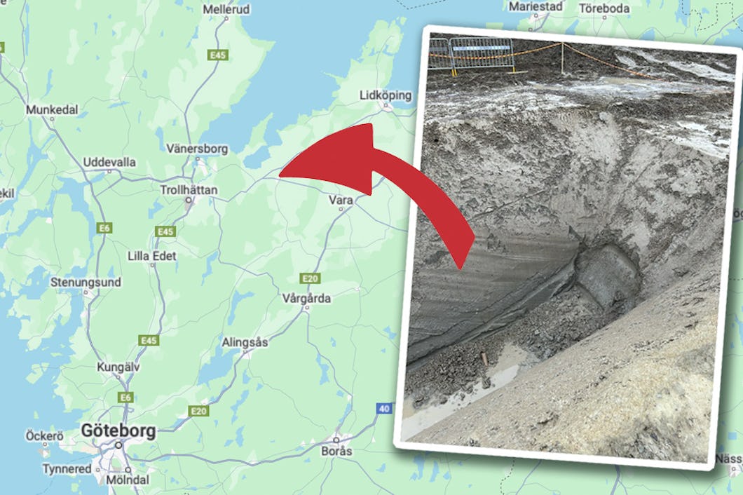 En karta över Västsverige där Grästorp är utmärkt och en infälld bild på schaktet med branta lerväggar.