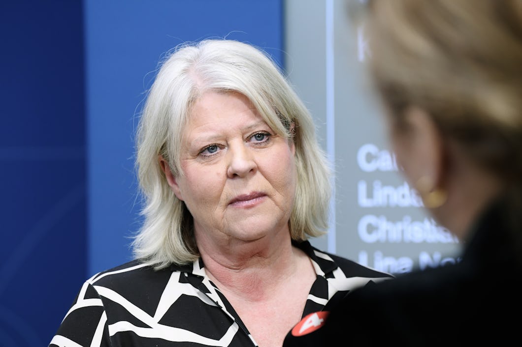 Socialtjänstminister Camilla Waltersson Grönvall (M) pratar med en annan person sedd snett bakifrån.