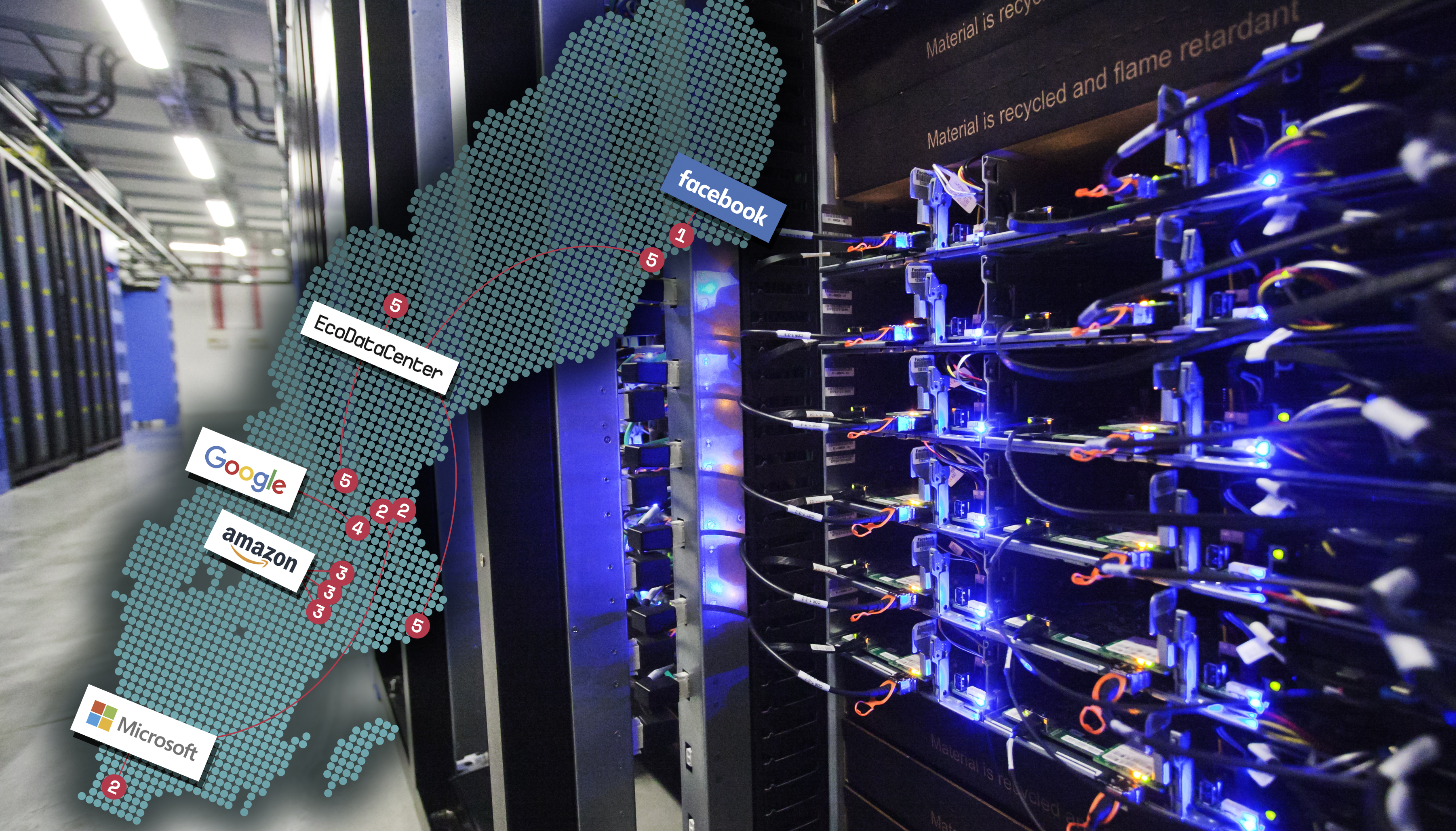 En serverhall med blått ljus.