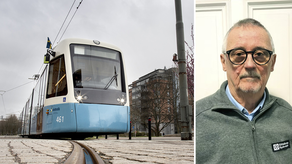 En man i glasögon står bredvid en spårvagn.