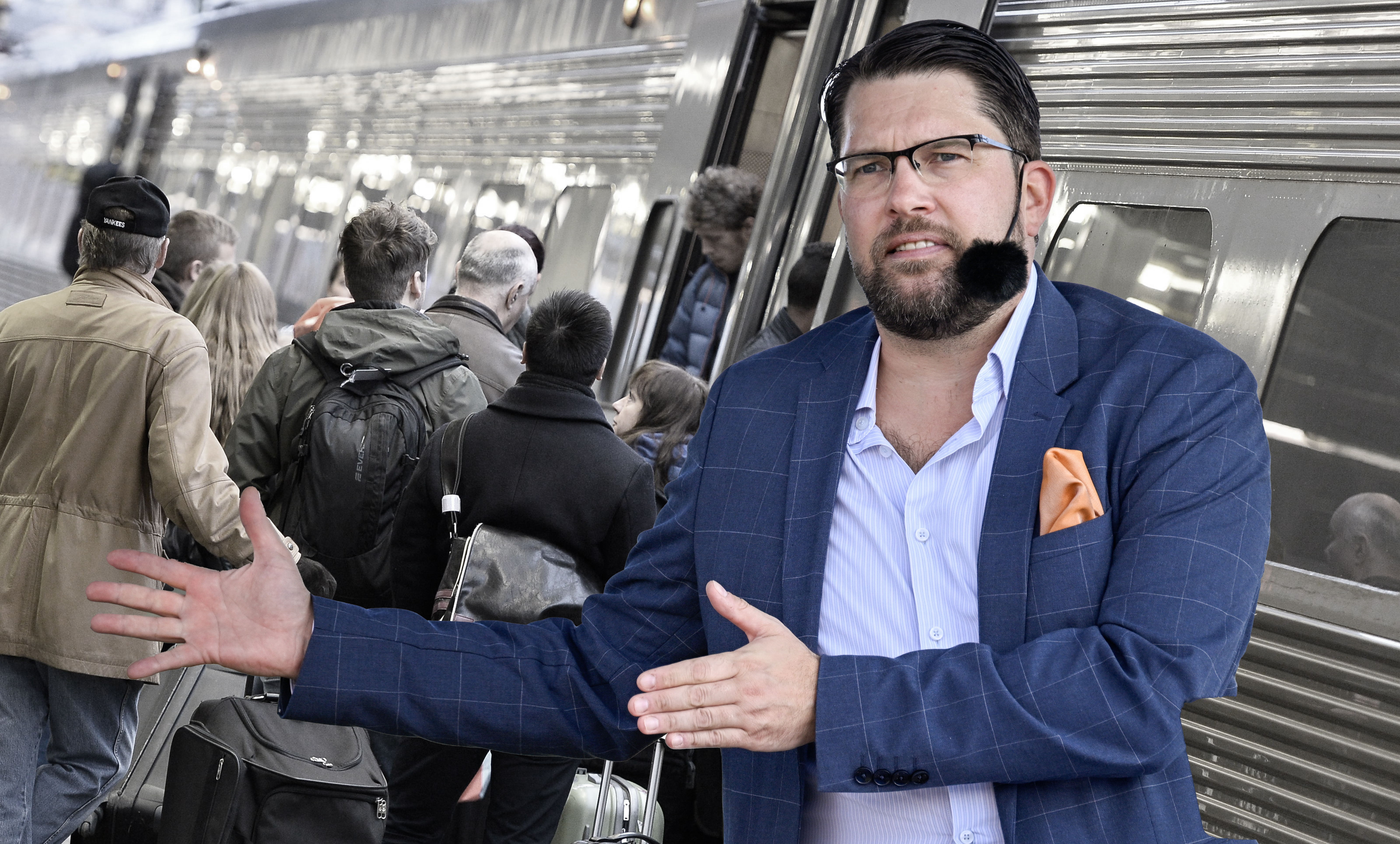 En man i kostym och en bild på en kö vid ett tåg.