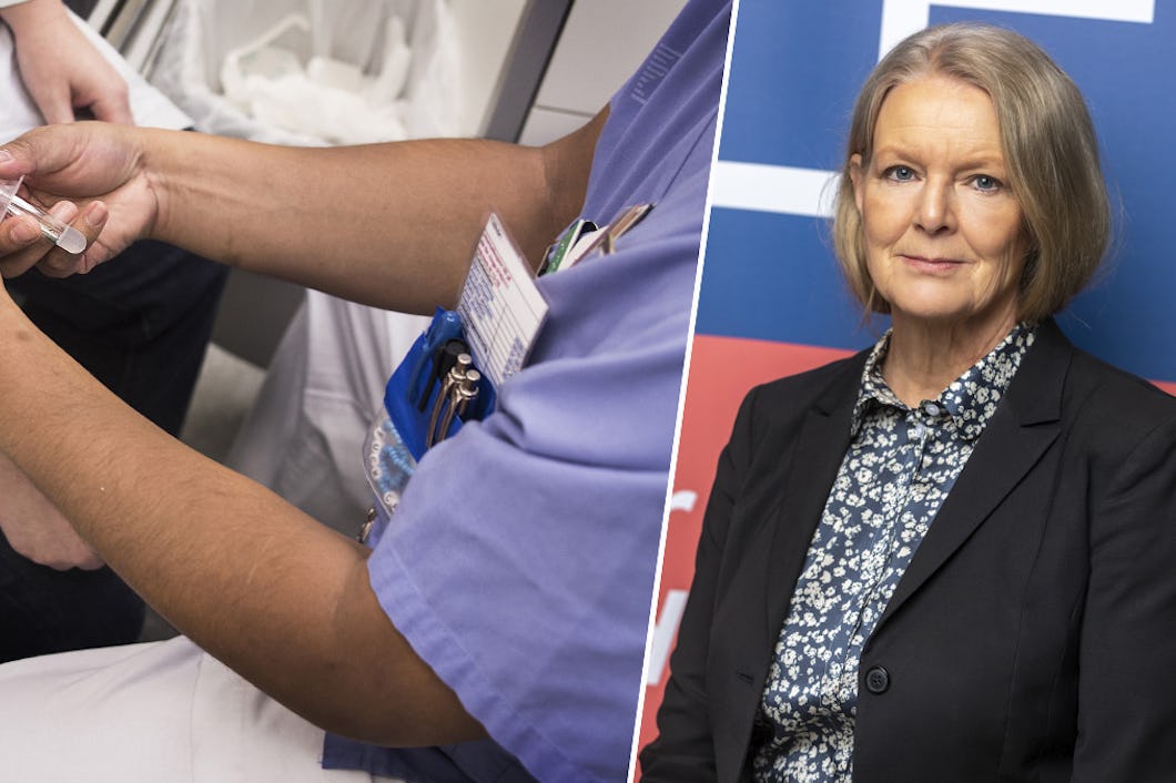 En vårdpersonal som ger en injektion till en patient till vänster och Annelie Södergren på Vårdförbundet.