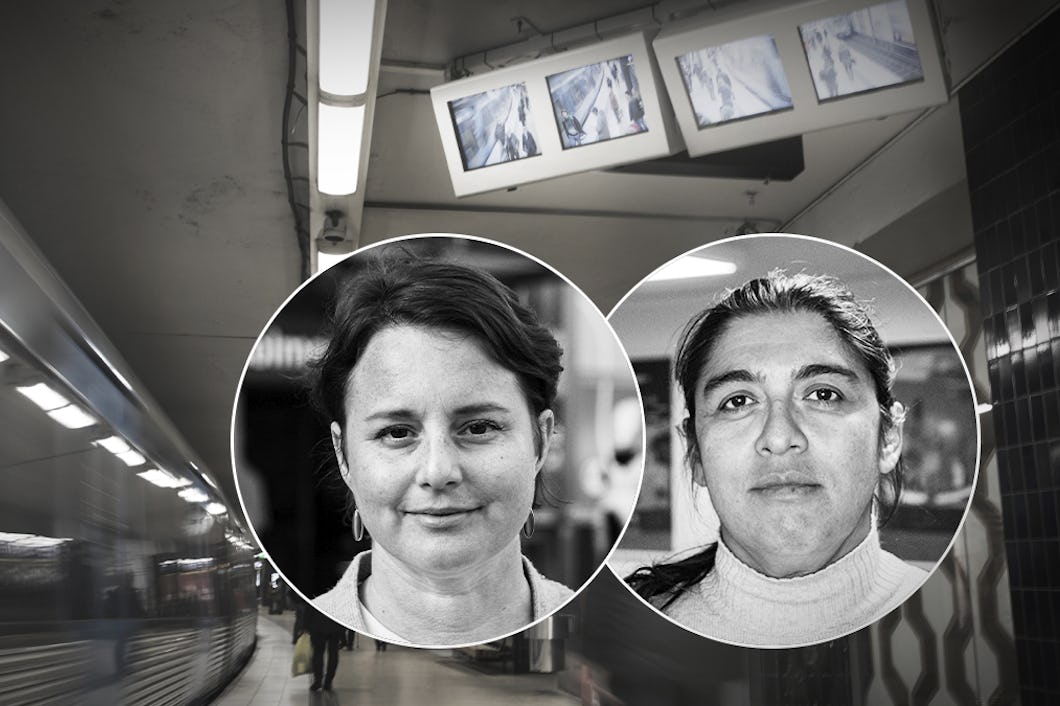 Bild från tunnelbanan i Stockholm där man ser övervakningsskärmar. Infällda porträtt på Lina El Yafi och Marta Aguirre.