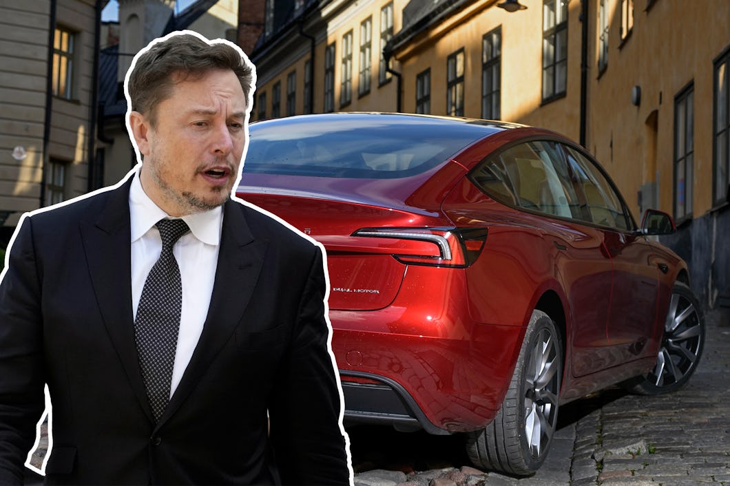 Elon Musk och en Tesla i ett kollagefoto.