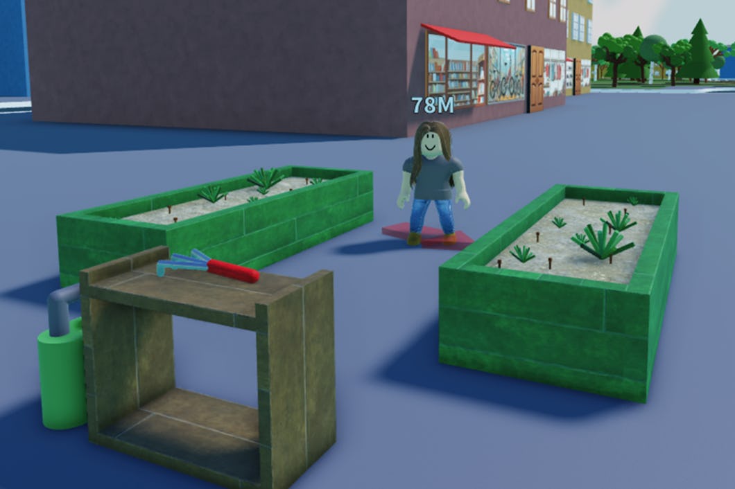 Skärmdump ur spelet där en Roblox-figur står vid några växtlådor.
