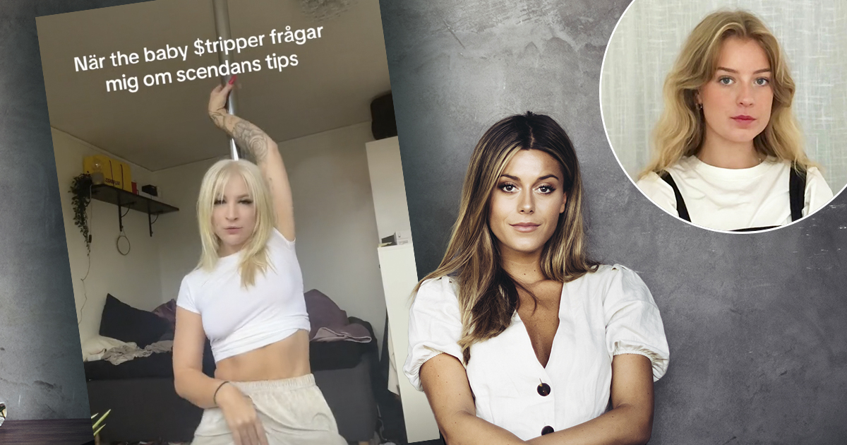 Bild på en kvinna på Tiktok och bild på en kvinna som sitter ner.