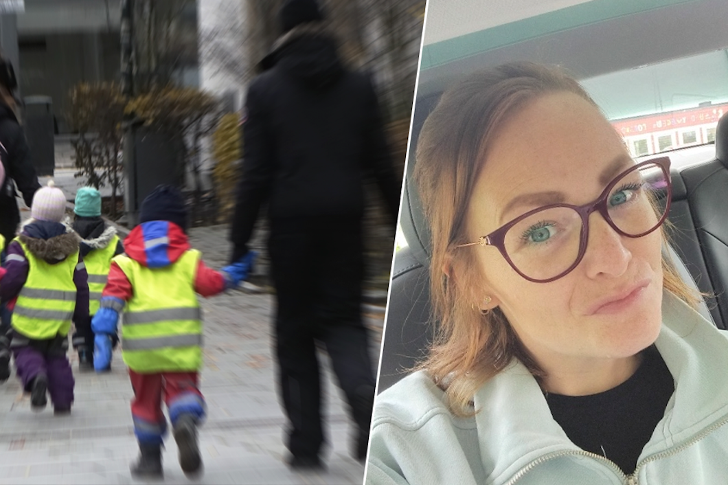Tvådelad bild. Till vänster en grupp förskolebarn i västar som går hand i hand. Till höger, en portättbild på Sandra Westling.