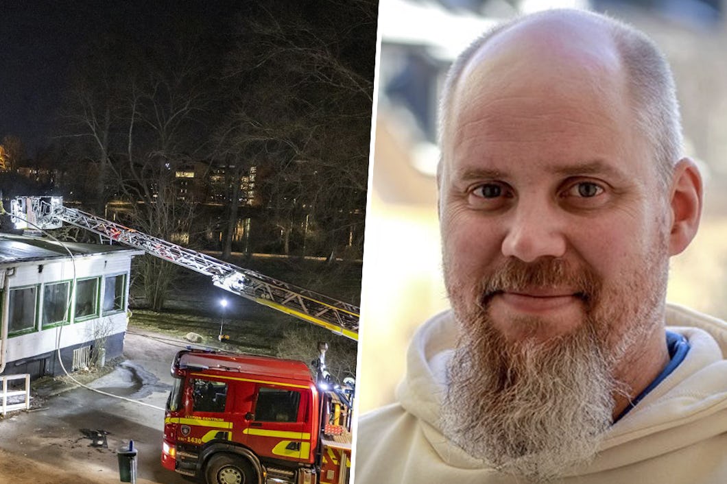 En man tittar i kameran. En bild på en brandbil.