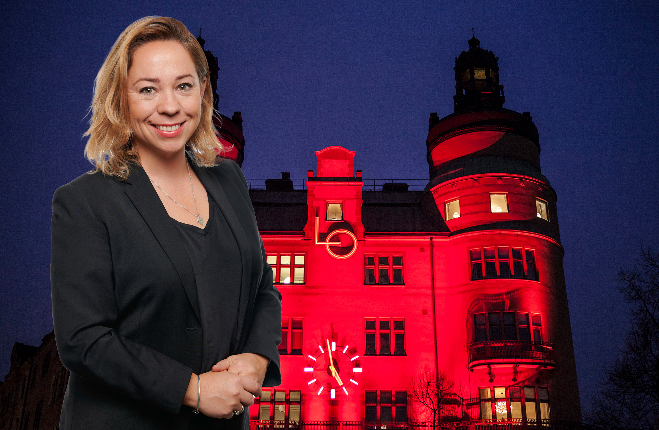 Isabelle Ljungberg, kommunikationschef på LO i ett kollage med LO-borgen bakom sig.
