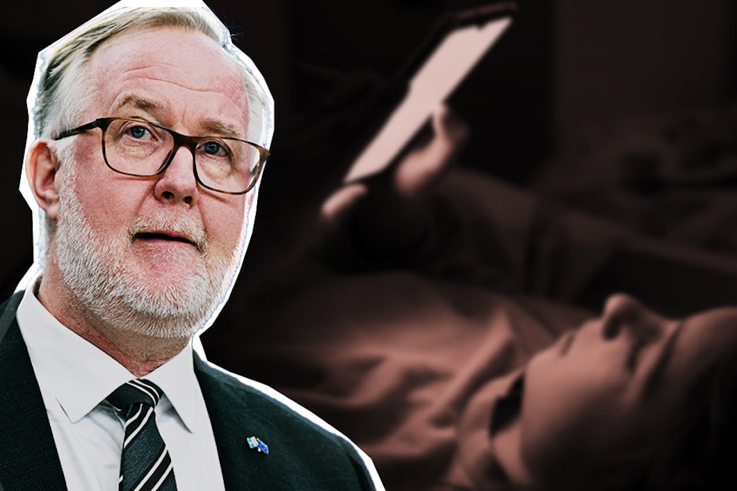 Montage. En bild på en arbetsmarknadsministern Johan Perhson framför ett barn som håller i en mobil.