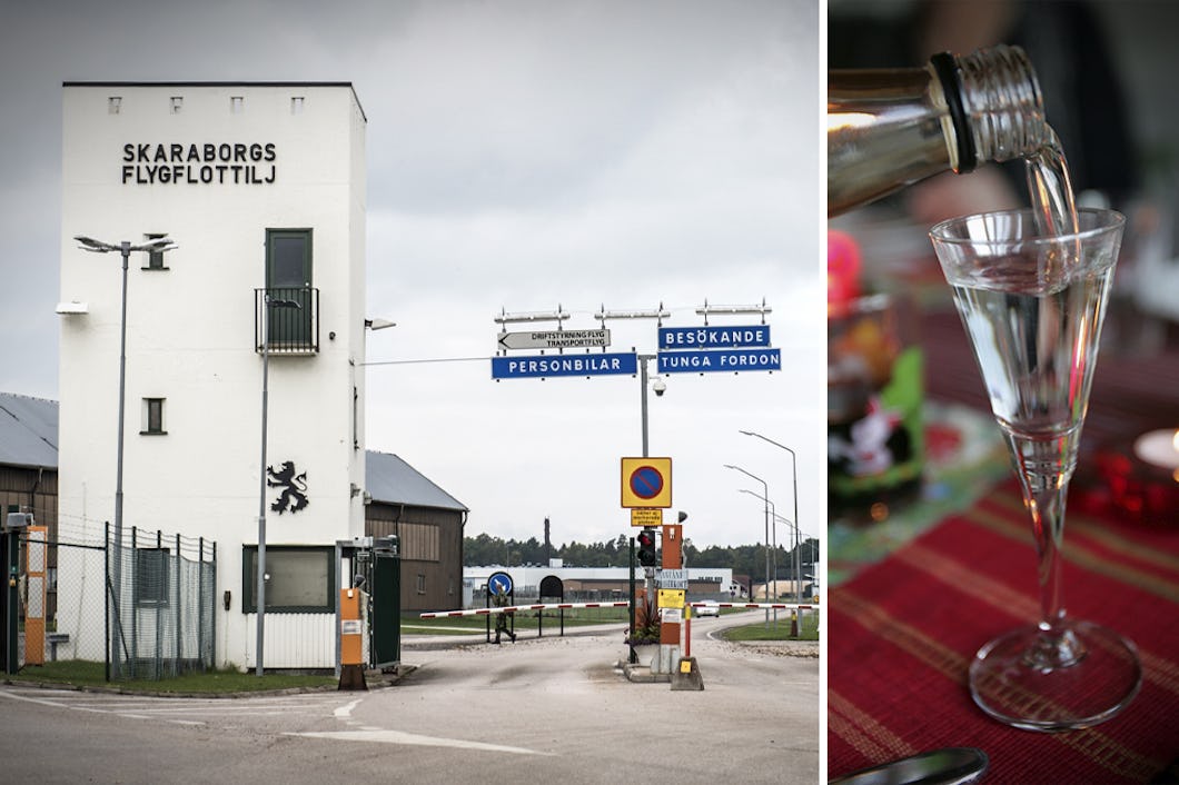 Delad bild på en infart till flygflottiljen i Såtenäs och på sprit som hälls upp i ett snapsglas.