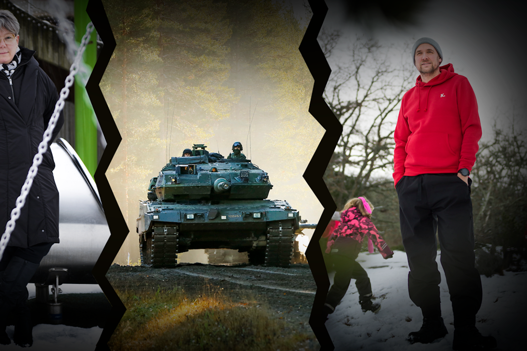Ett collage av bilder på en man, kvinna och en tank.