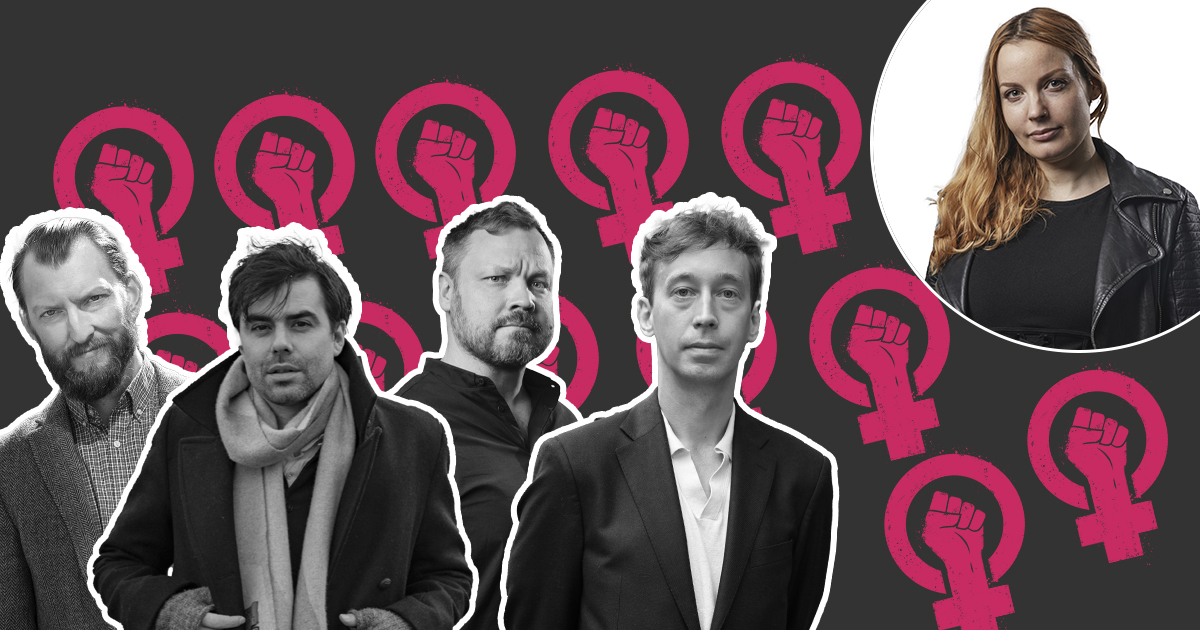 En grupp människor framför en rosa bakgrund.