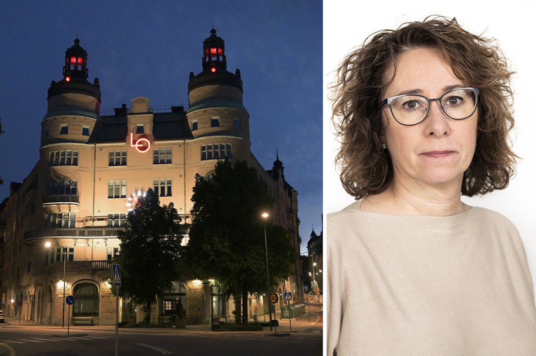 Delad bild med LO-borgen i kvällsljus och ett porträtt på Gabriella Lavecchia.