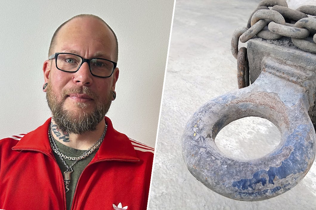 Mattias med skägg och glasögon och en bild på en dragkrok.