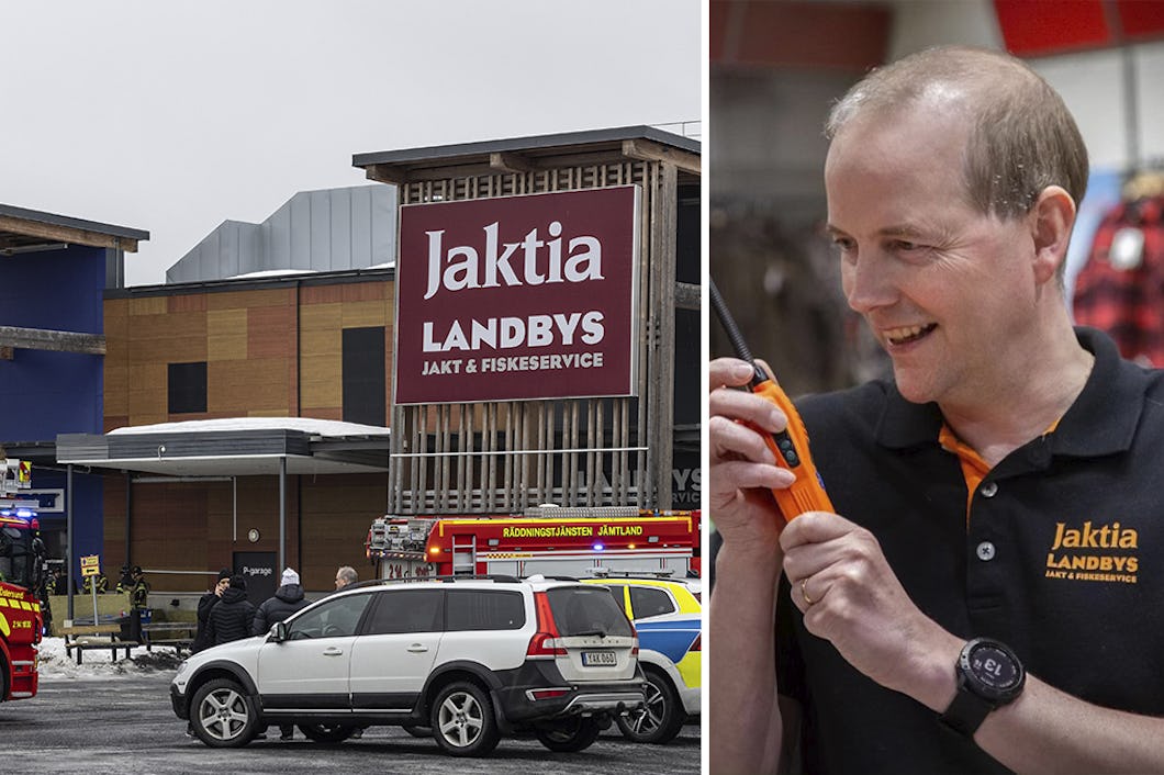 Bild utanför Intersport och en bild på mikael Green som håller i en telefon.