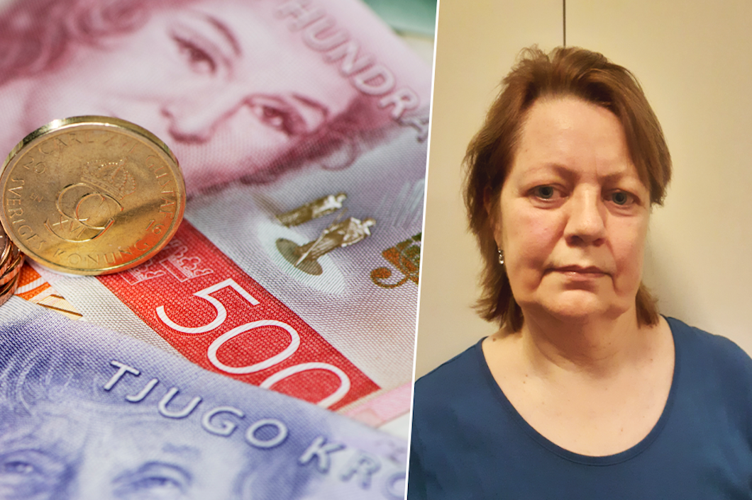 Svensk valuta och en kvinna med ett neutralt uttryck.