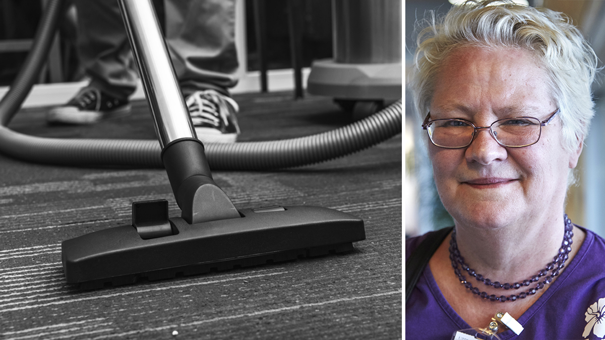 Delad bild med en anonym städare som dammsuger och ett porträtt på Kesa Markusson.