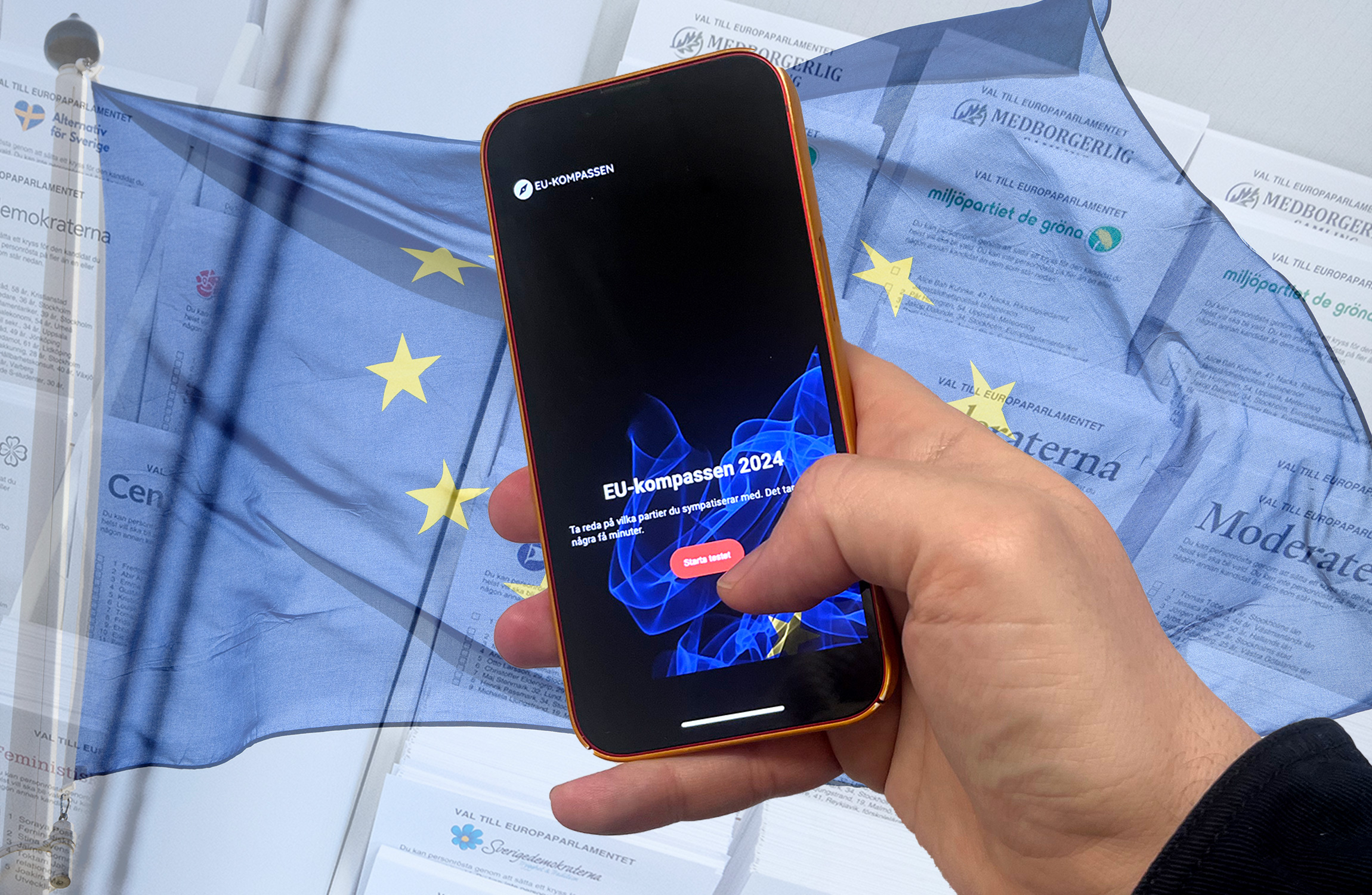 Mobiltelefon med Arbetets valkompass.