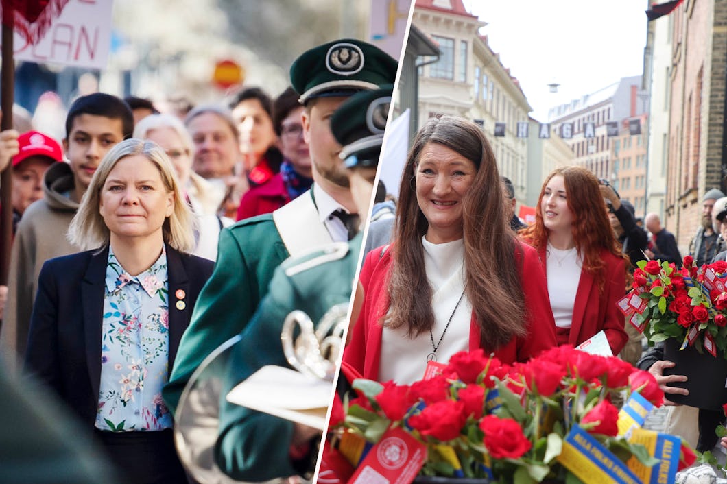 Socialdemokraternas Magdalena Andersson i första maj-tåg och LO:s ordförande Susanna Gideonsson i i första maj-tåg. Bilden är ett kollage.