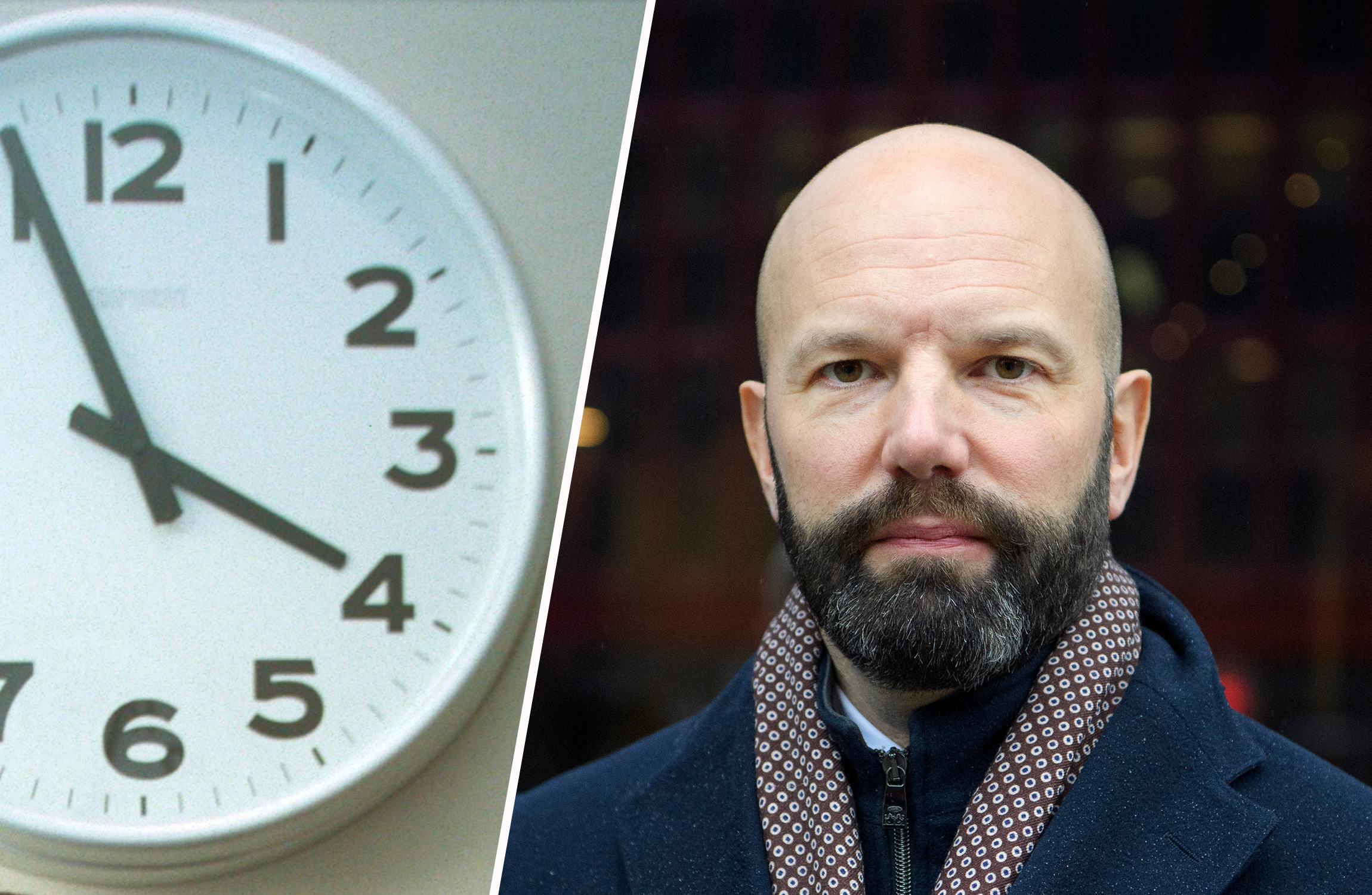 Bild som är delad i två med en närbild av en vit klocka visande kl. 3 till vänster, och en skallig man med skägg iförd halsduk till höger.
