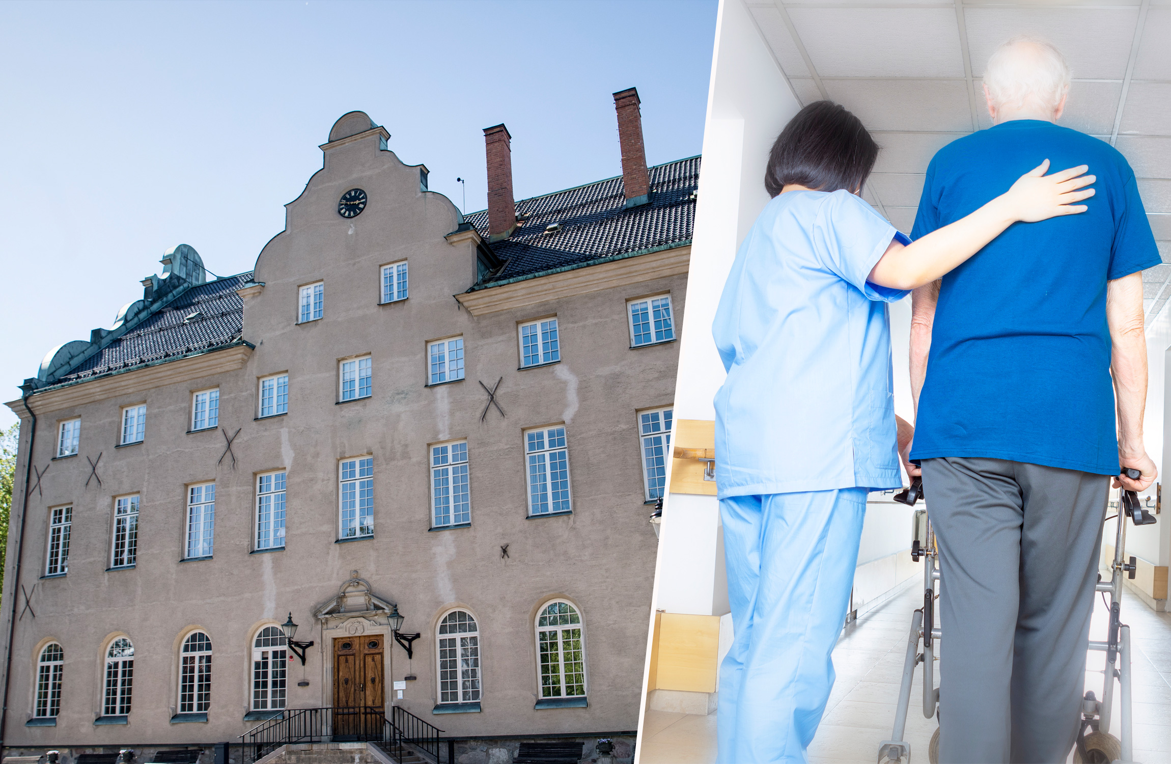 Danderyds kommunhus i ett kollage med en bild på en anställd med en äldre på ett äldreboende.