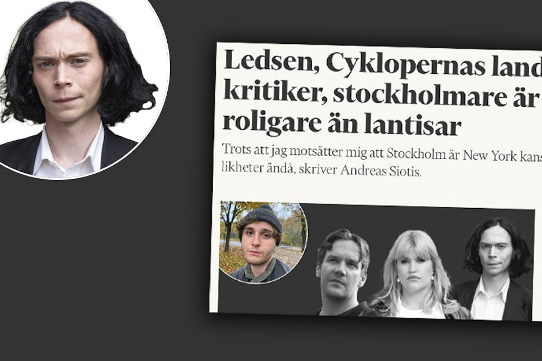 Huvudbild för en reklamartikel med ett stort porträtt av en man med långt hår och en mindre inramning av tre män, tillsammans med Svensk rubrik och undertext.