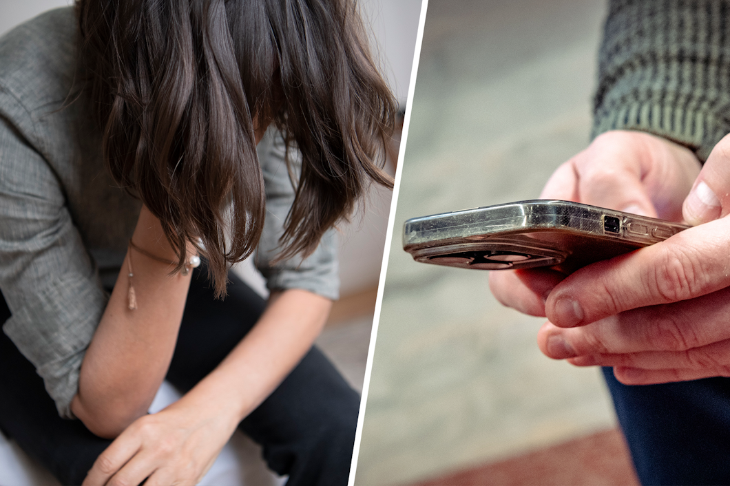 Dubbel bild som visar en kvinna med huvudet nedåt på ena halvan och en mans hand som greppar en smartphone på den andra halvan.