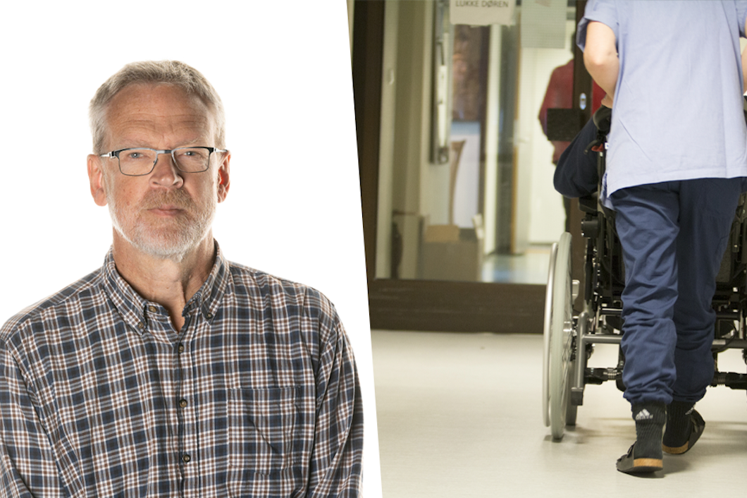 En delad bild som visar ett porträtt av en äldre man till vänster och en vårdpersonal som knuffar en patient i rullstol nerför en sjukhuskorridor till höger.