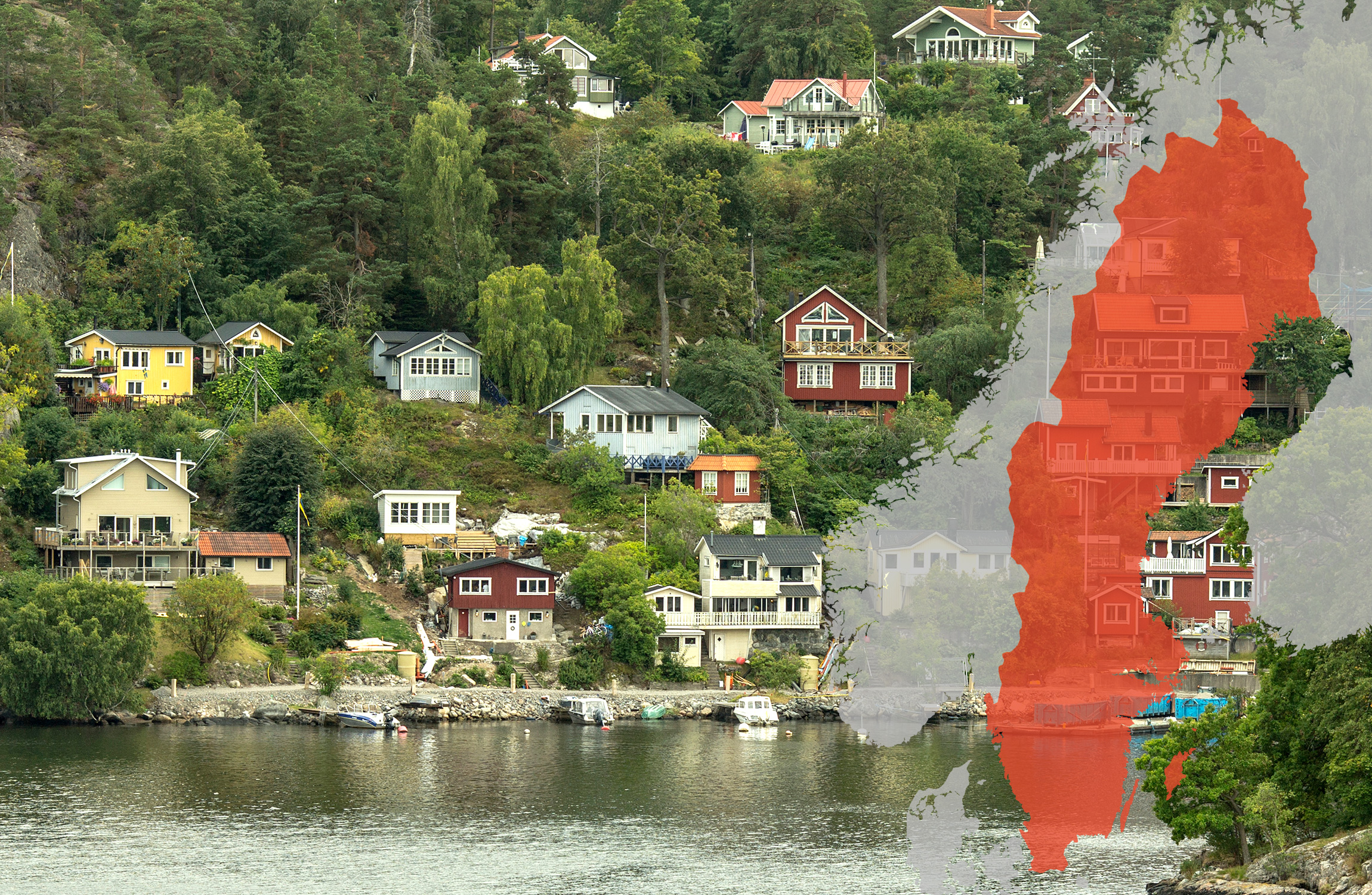 En kustby med färgglada hus på en kulle, visande en röd pixlad kartgrafik över Norden på höger sida.