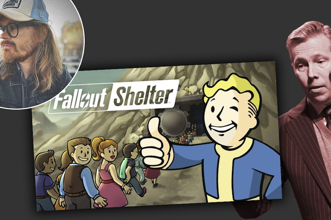 Ett bildkollage innehållande en man i hatt, en man i kostym och en bild på spelet Fallout.