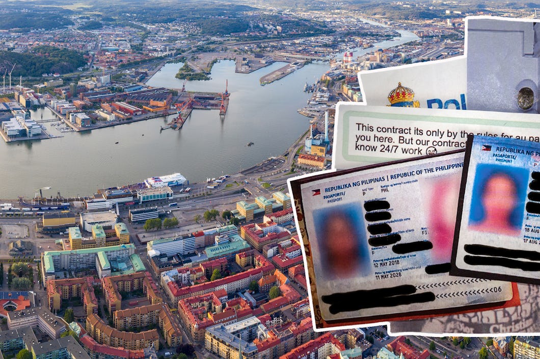 Maskade passbilder på barnflickorna i ett kollagen med Göteborgs hamninlopp i bakgrunden.
