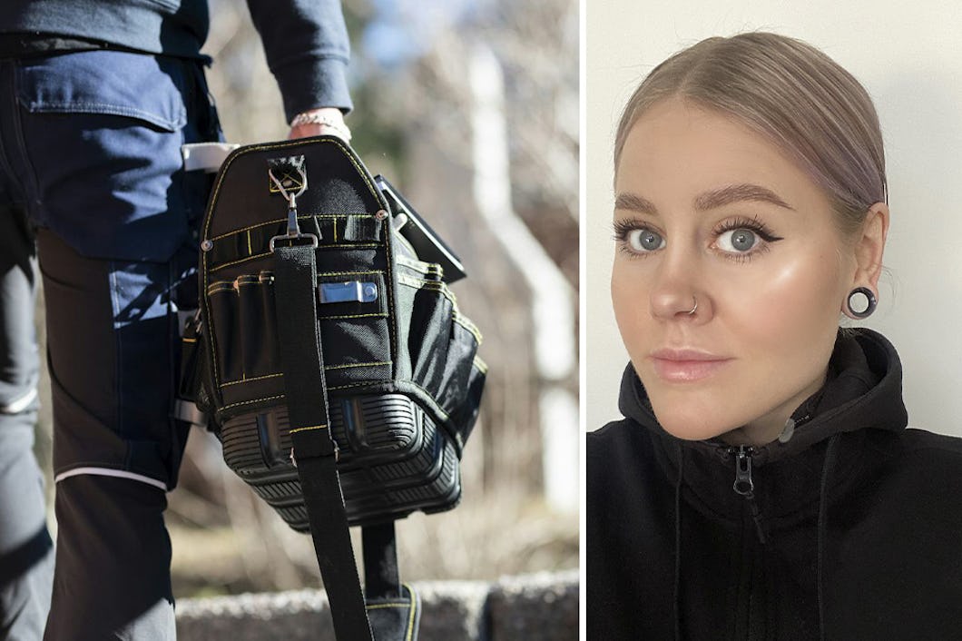 En fastighetsskötare eller motsvarande till vänster och porträtt på Malin till höger.
