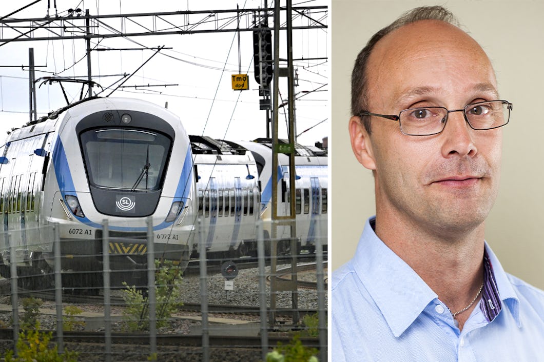 Ett pendeltåg på spår bredvid ett porträtt av en Henric Ask med glasögon och blå skjorta.