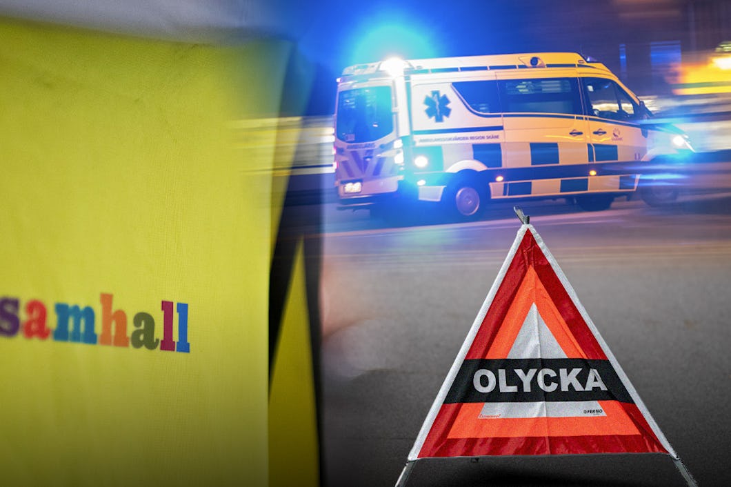 Fotomontage med en ambulans som kör med blåljus på natten bortom en trafikskylt som det står ”Olycka” på, och en väst som det står Samhall på.