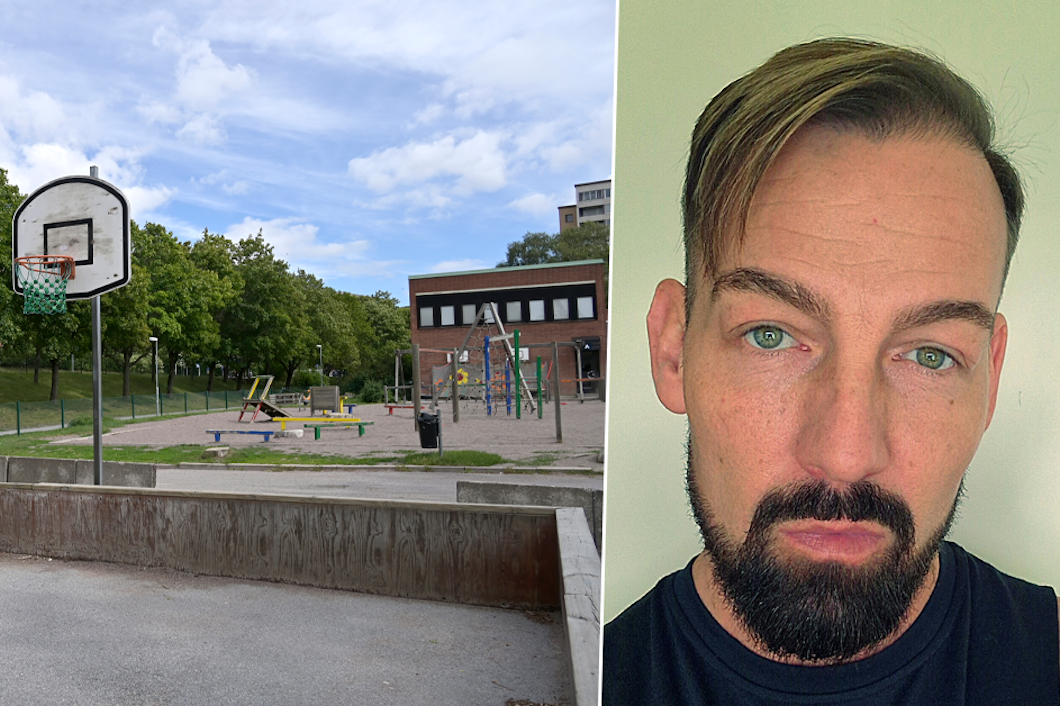 Utomhusbasketkorg nära en lekplats med sittgrupp och en närbild av en man med skägg och en genomträngande look.