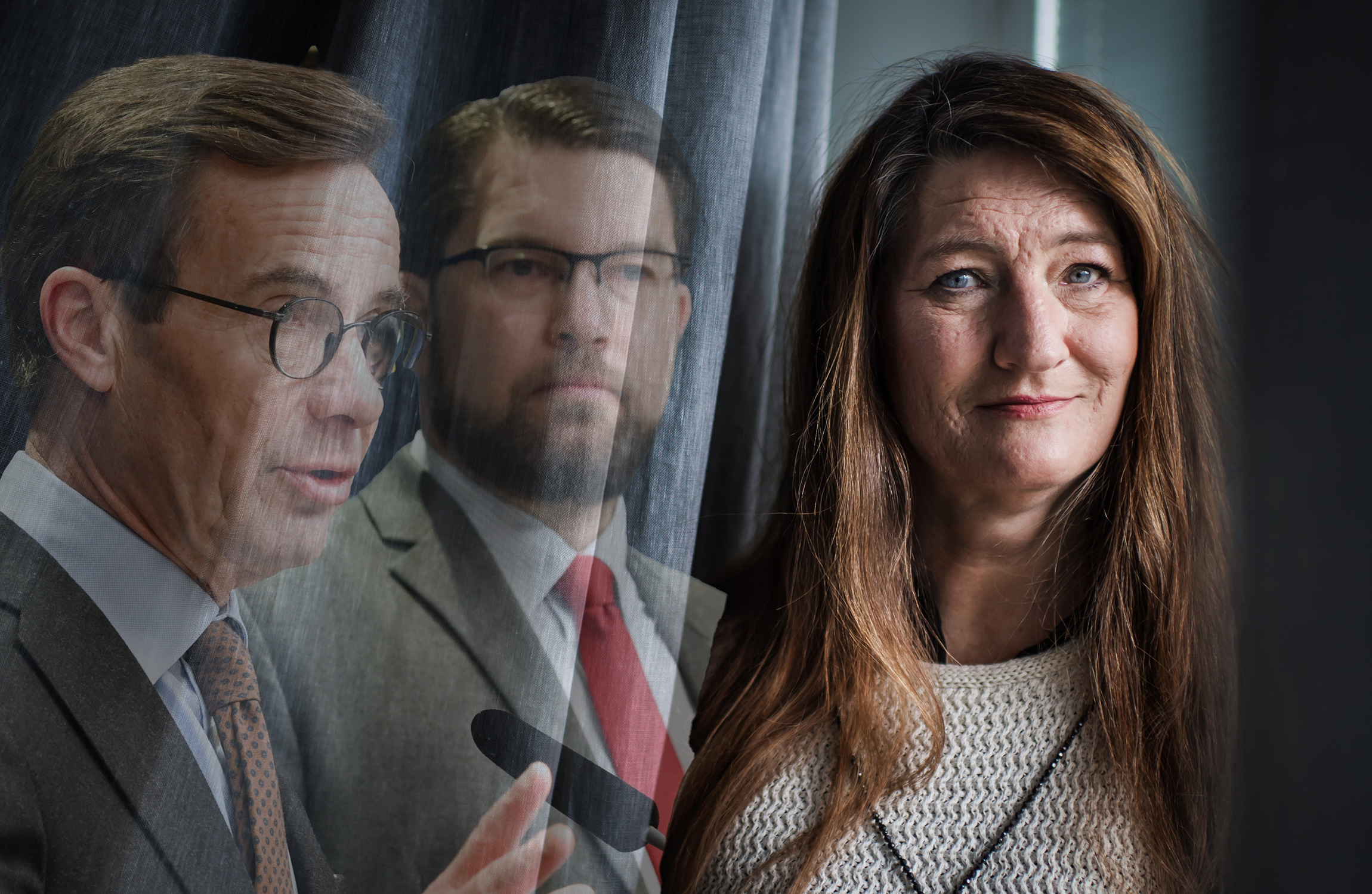 LO:s ordförande Susanna Gideonsson med Jimmie Åkesson och Uld Kristersson bakom sig i ett kollage.