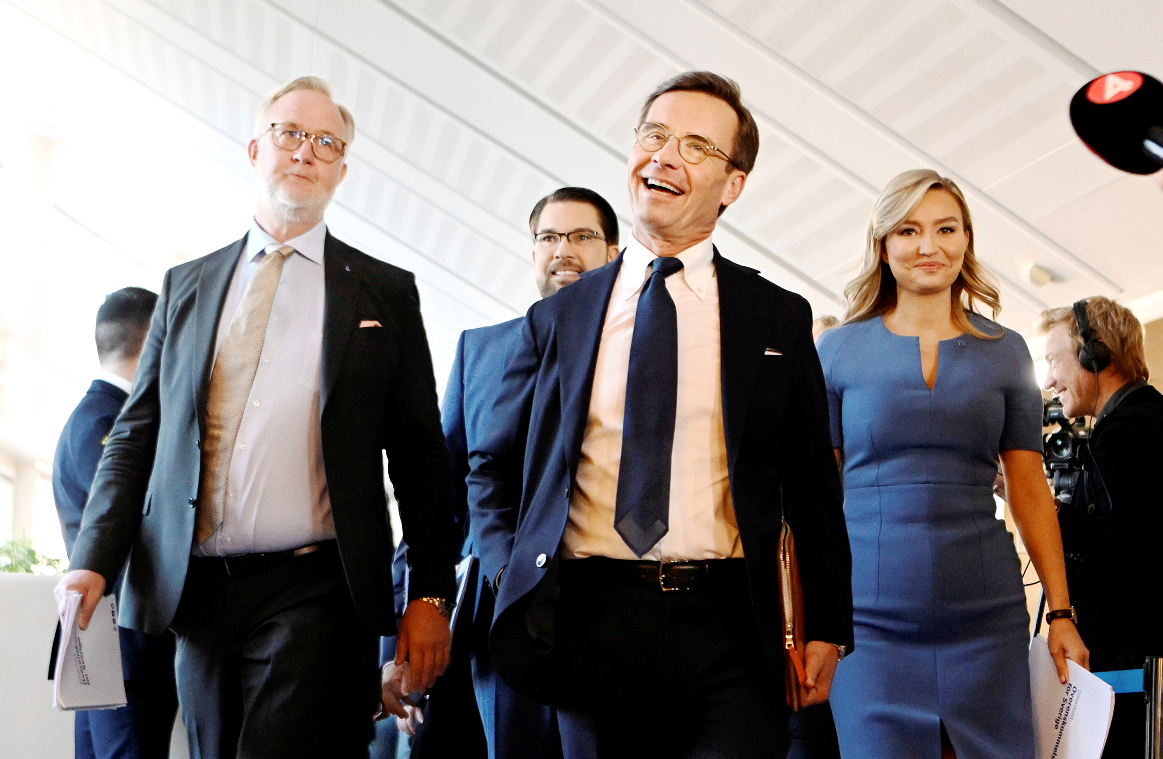 Moderaternas partiledare Ulf Kristersson (M), Sverigedemokraternas partiledare Jimmie Åkesson (SD), Kristdemokraternas partiledare Ebba Busch (KD) och Liberalernas partiledare Johan Pehrson (L).