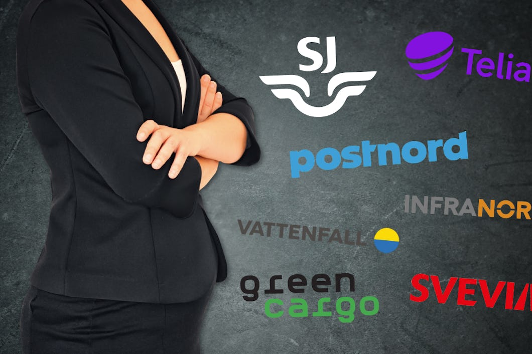 En anonym affärskvinna med korsade armar som står framför en vägg med olika svenska företagslogotyper inklistrade.