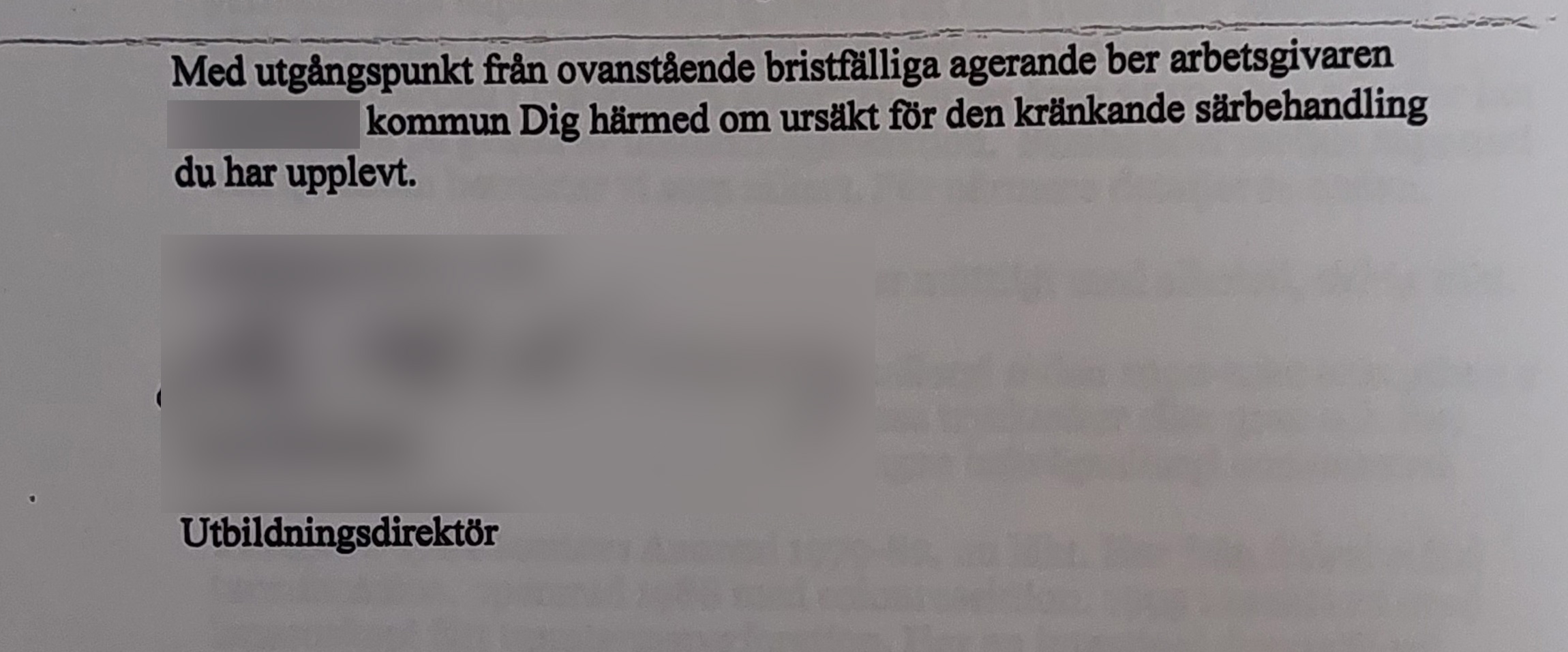 Ursäkt från utbildningsdirektören på kommunen som var Helena Angviks arbetsgivare.