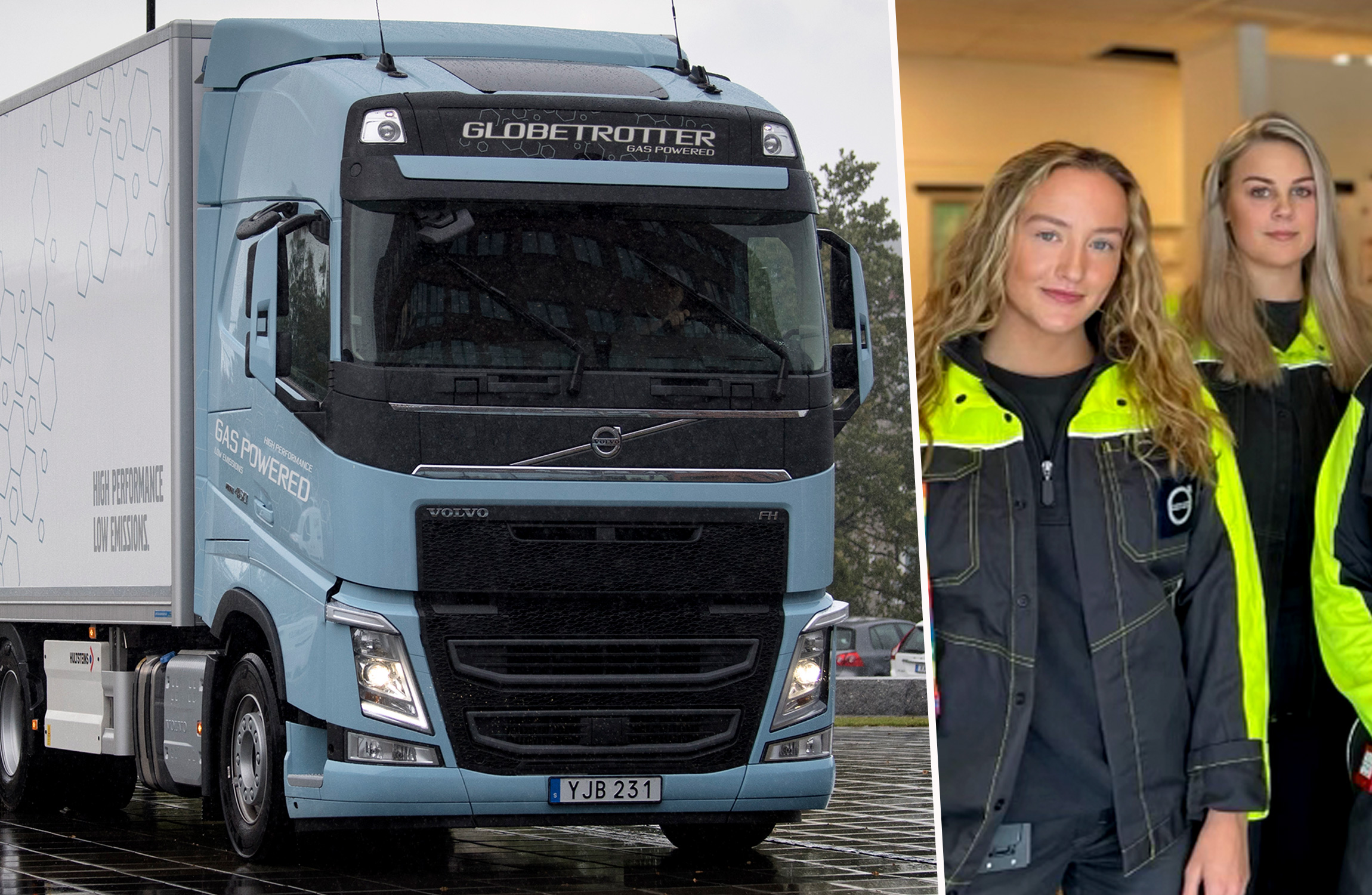 Volvoarbetarna Hedvig Näslund och Eveline Sahlén och en Volvolastbil i ett kollage.