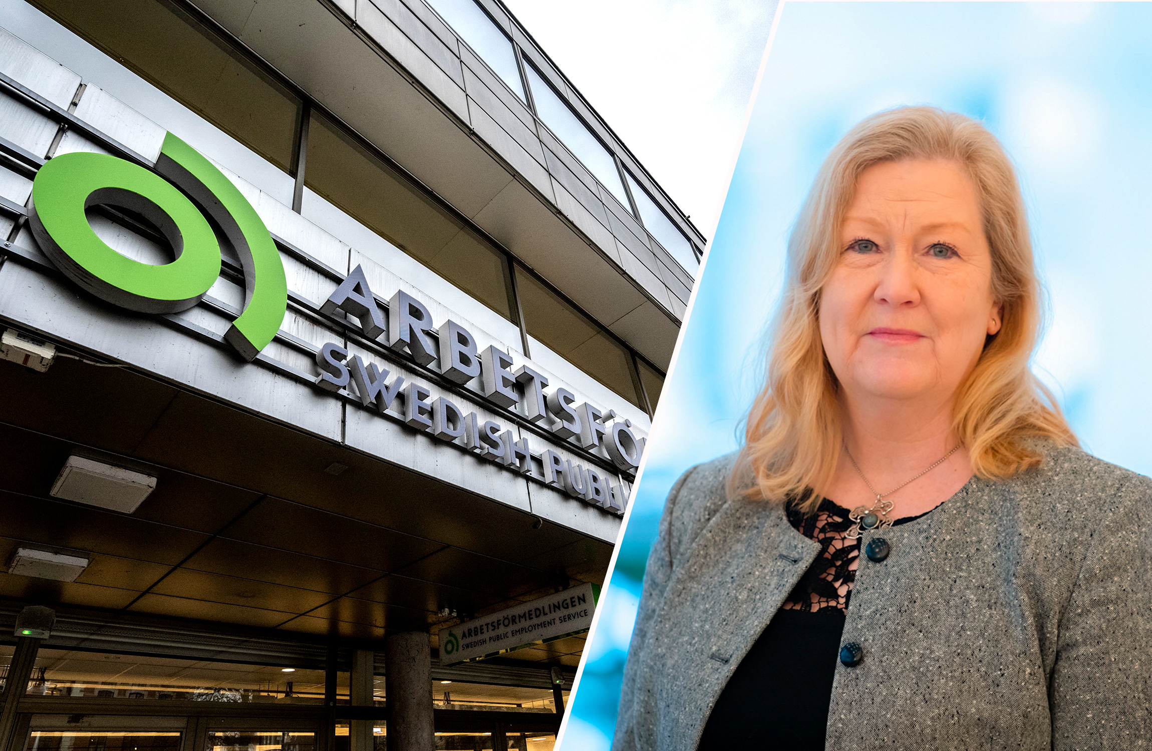En byggnad med skyltar som det står "Arbetsförmedlingen" och "Swedish Public Employment Service" på till vänster, och en kvinna med blont hår i professionella kläder till höger.