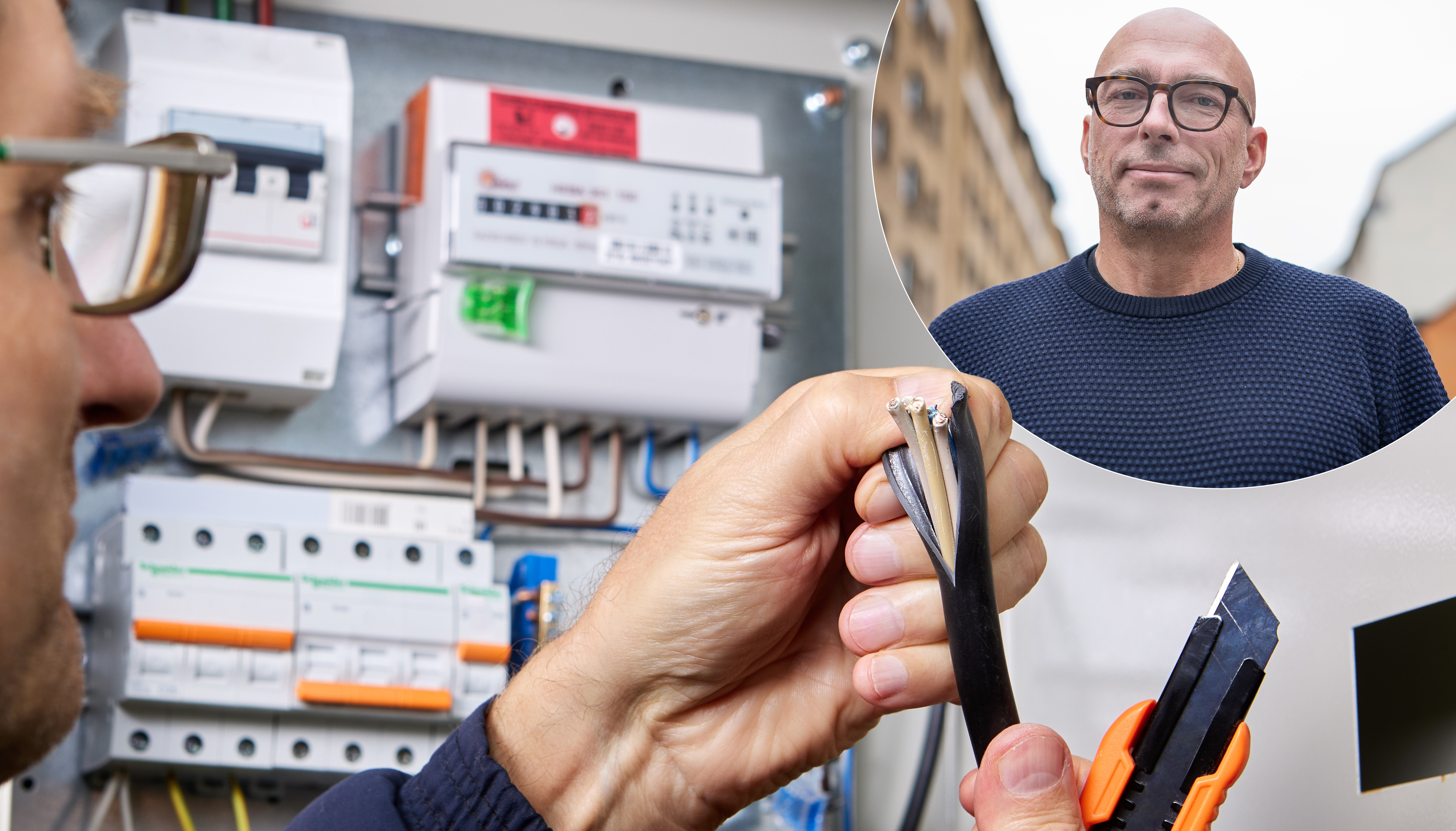Elektriker som klipper en kabel med en avbitare i ett elskåp.