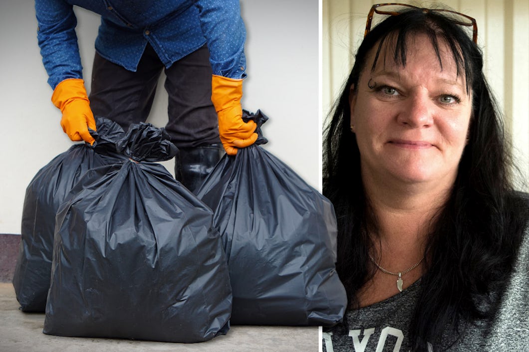 Delad bild. En person med orange handskar knyter svarta soppåsar och ett porträtt på Jeanette Cervin.