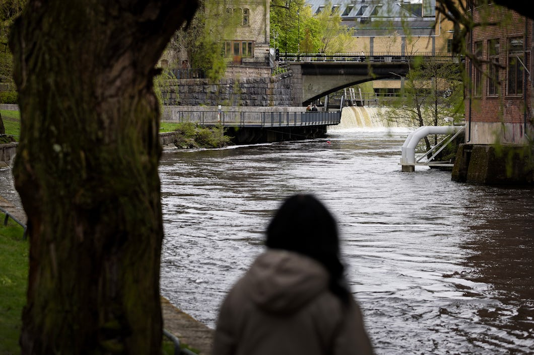 En flod med en bro och ett litet vattenfall i bakgrunden, omgiven av träd och byggnader. En person står i förgrunden.