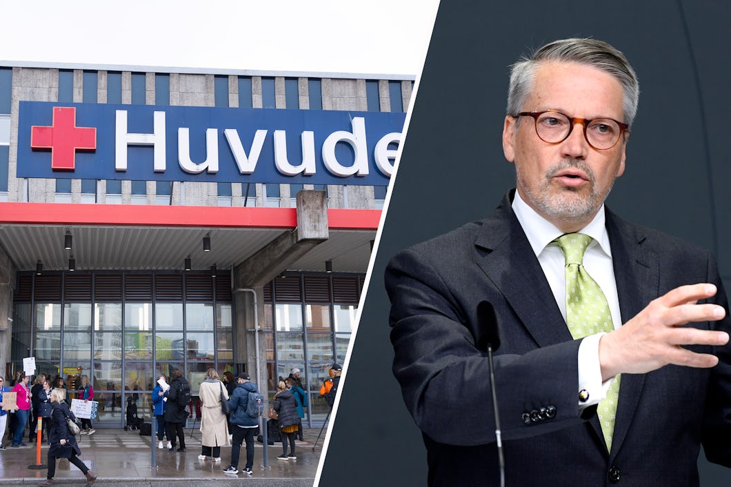 Blockad av Vårdförbundet utanför Huddinge Sjukhus och Göran Hägglund i en delad bild.