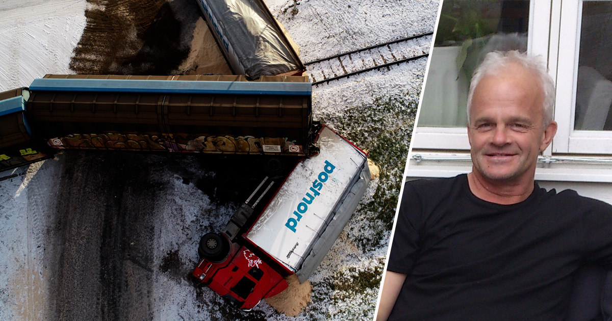 Bild på olycka mellan lastbil och godståg och bild på medelålders man.