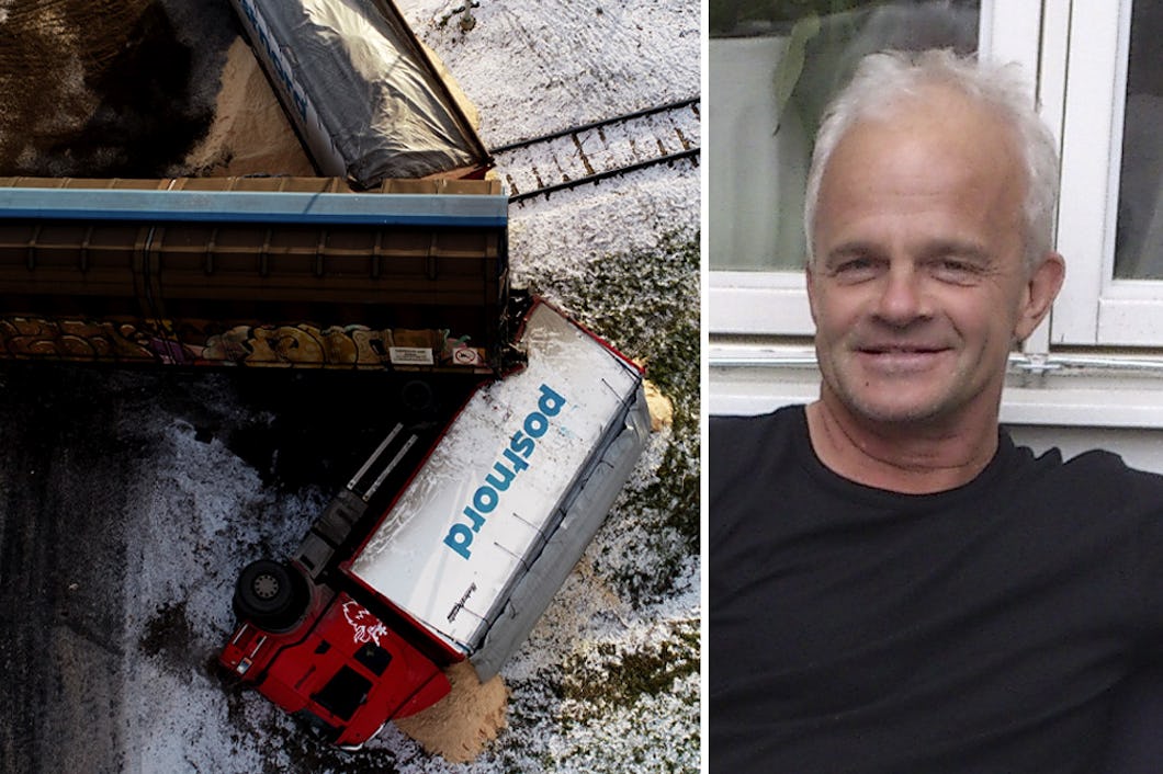 Delad bild på en lastbil som ligger på sidan och ett urspårat tåg och ett porträtt på Nisse.