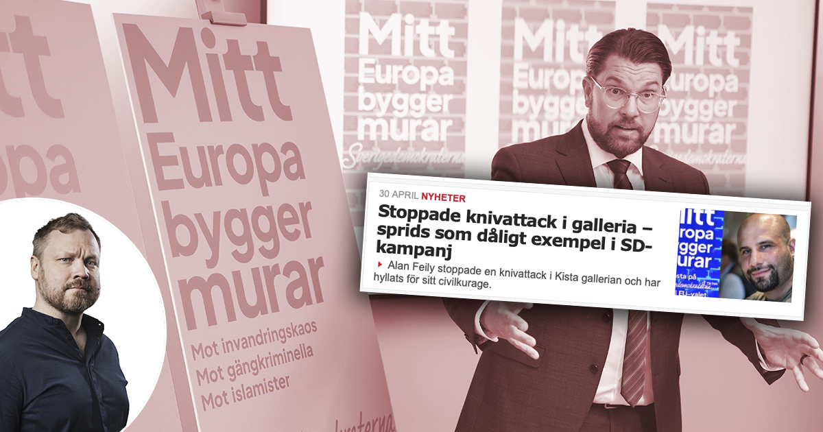 Bild på politiker som slår ut med händerna samt ett urklipp där det står ”Stoppade knivattack i galleria – sprids som dåligt exempel i SD-kampanj."